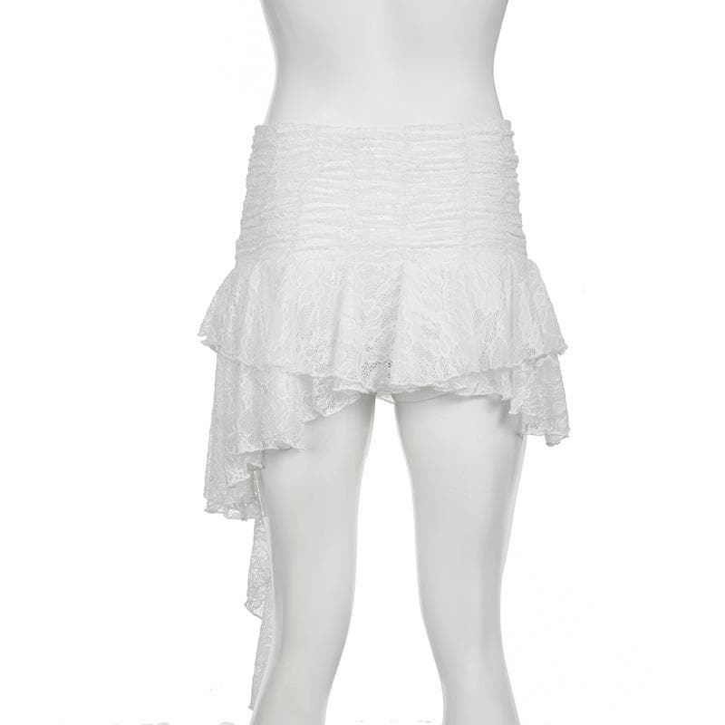 Ruched lace patchwork ruffle irregular mini skirt