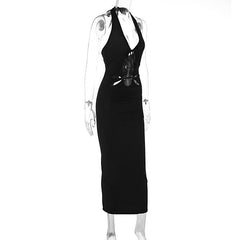 Halter hollow out backless v neck slit midi dress
