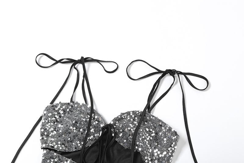 Glitter hollow out self tie backless v neck cami top