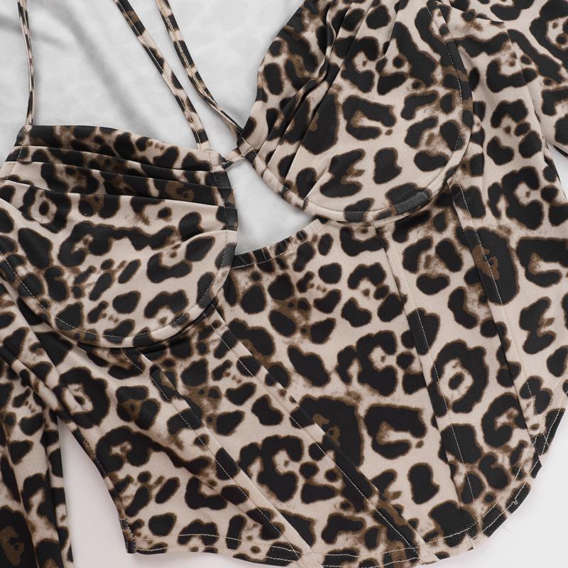 Leopard print halter long sleeve hollow out top