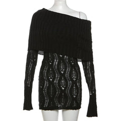 Crochet off shoulder long sleeve hollow out mini dress