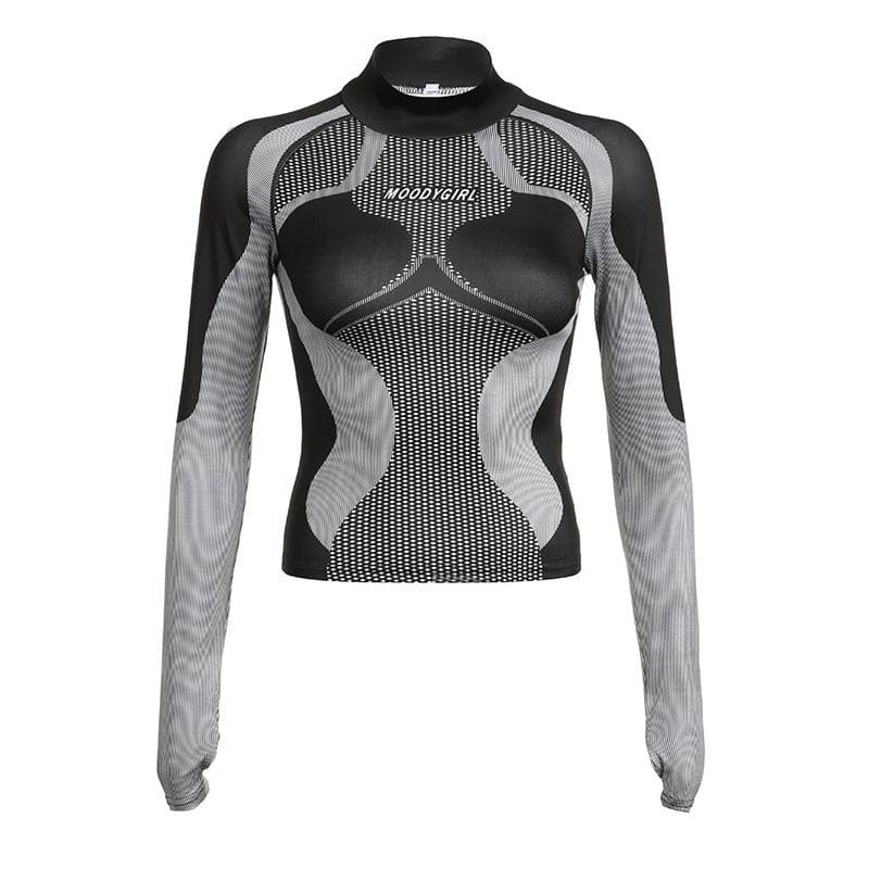 High neck long sleeve contrast print gloves top