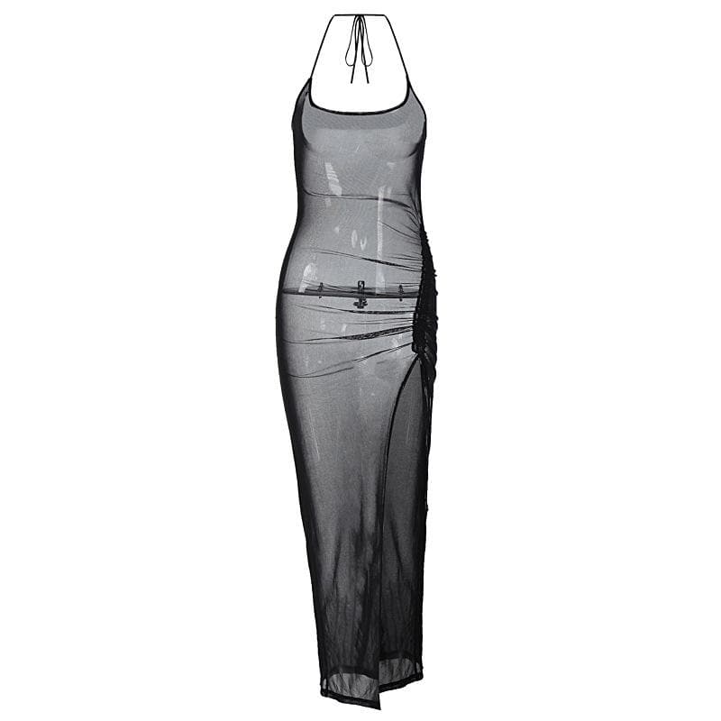 Halter drawstring sheer mesh see through slit backless maxi dress  | samba dress