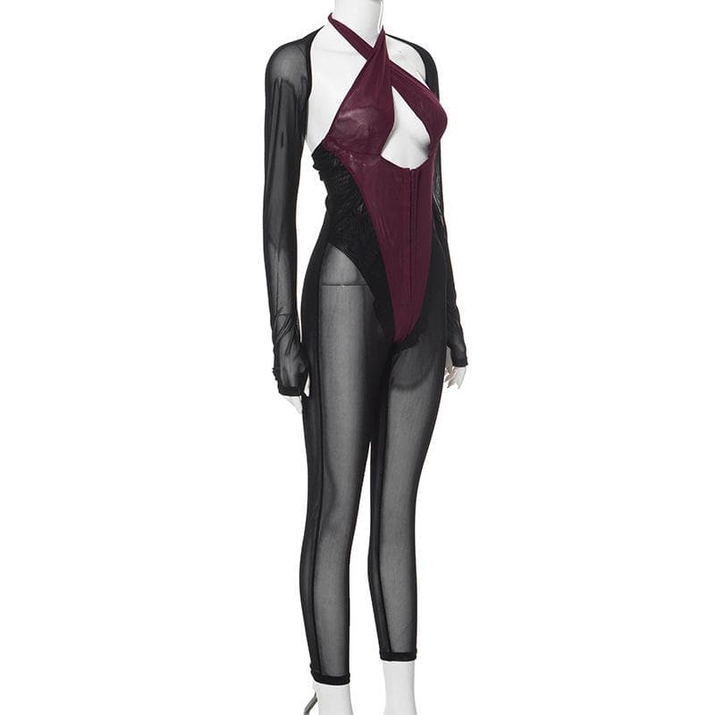 Long sleeve button halter cross front shrug mesh backless 2 piece jumpsuit