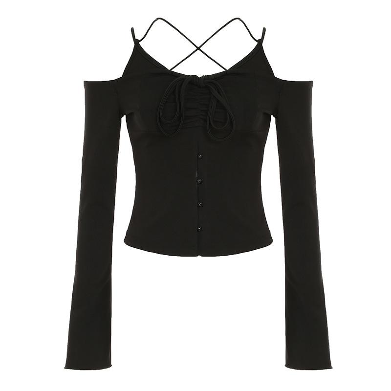 Off shoulder long sleeve self cross back button top
