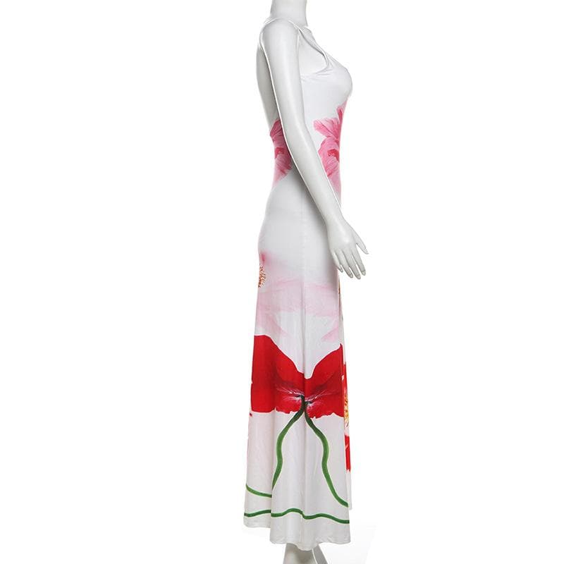 Flower print backless u neck cami maxi dress