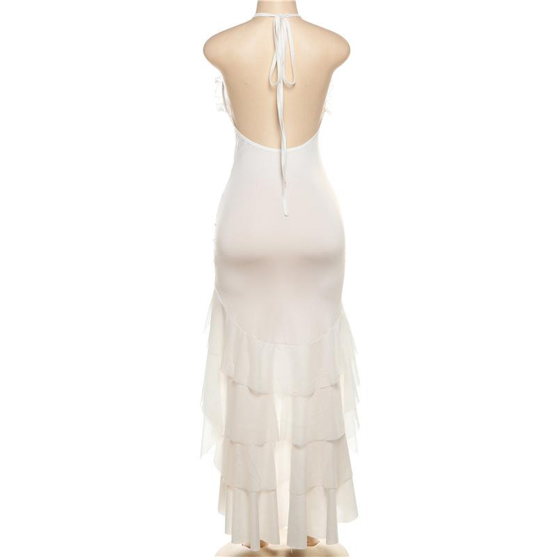 Halter ruffle ruched mesh flower applique maxi dress