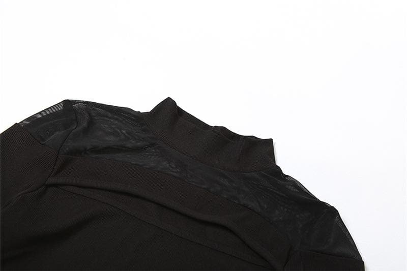 Mesh patchwork hollow out long sleeve high neck bodysuit