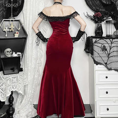 Off shoulder lace hem slit velvet metal applique ruched maxi dress  | red tango dress