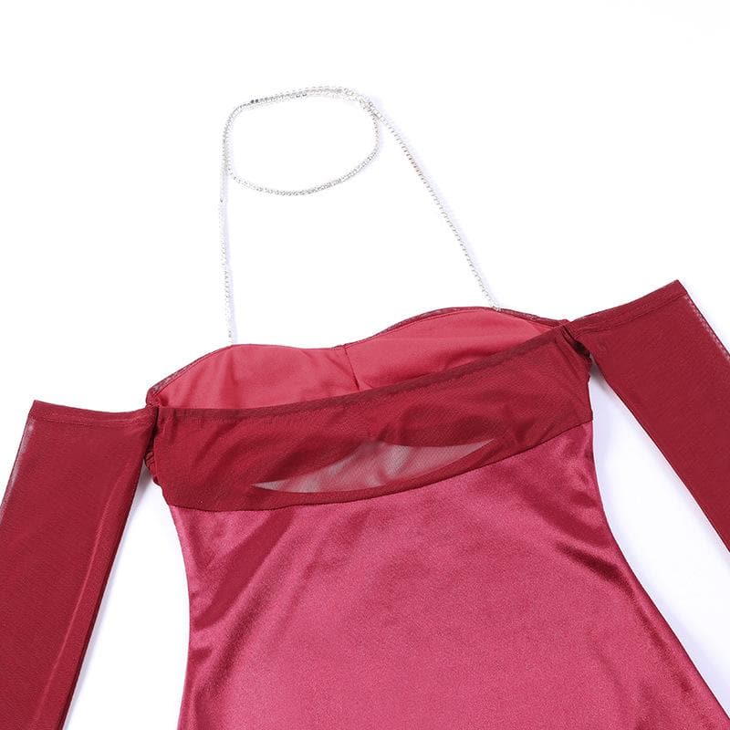Mesh gloves solid halter ruched hollow out off shoulder mini dress  | red tango dress