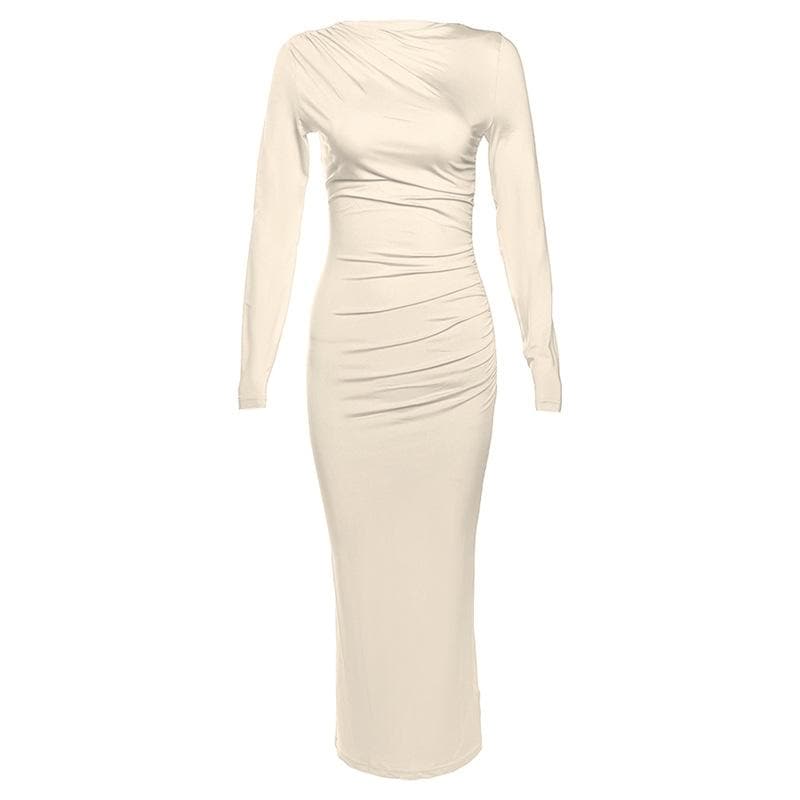 Ruched solid long sleeve zip-up maxi dress  | red tango dress
