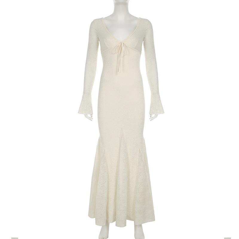 V neck long sleeve lace bowknot maxi dress