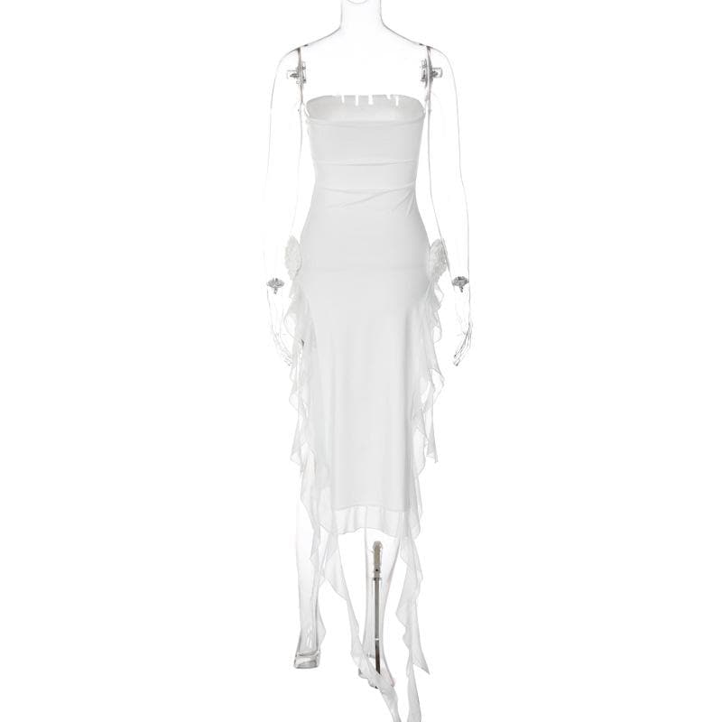 Flower applique solid backless ribbon slit tube maxi dress  | red tango dress
