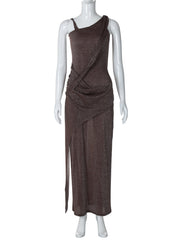 Glitter one shoulder slit cami maxi dress