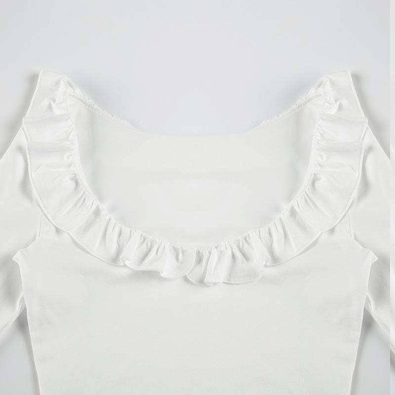 Long flared sleeve crewneck ruffle solid top