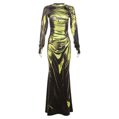 Long sleeve crewneck ruched print maxi dress