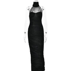 High neck ruched glitter zip-up slit backless maxi dress