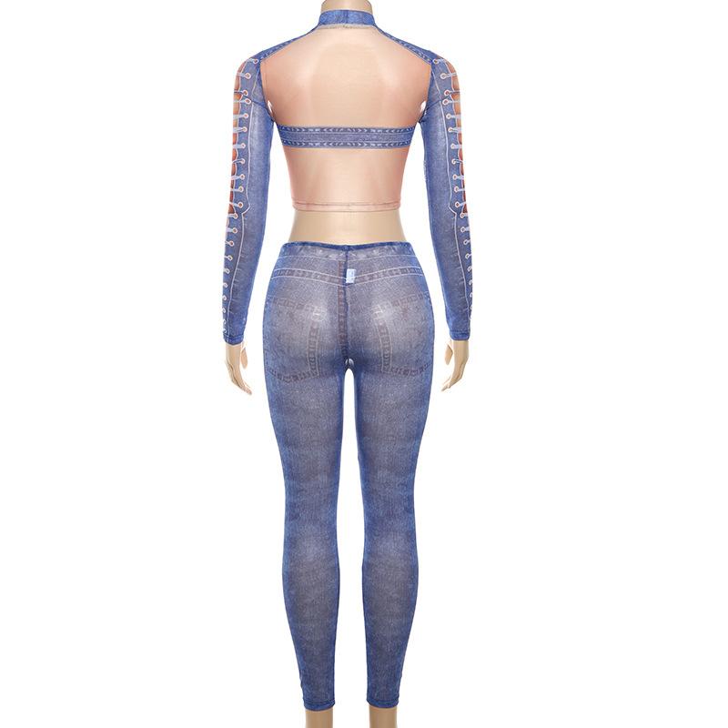Long sleeve mesh denim print crop pant set