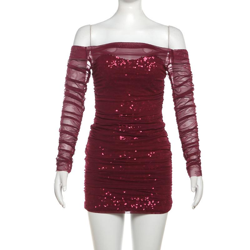 Off shoulder glitter long sleeve mesh ruched mini dress