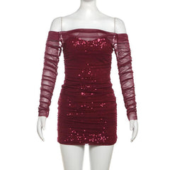 Off shoulder glitter long sleeve mesh ruched mini dress