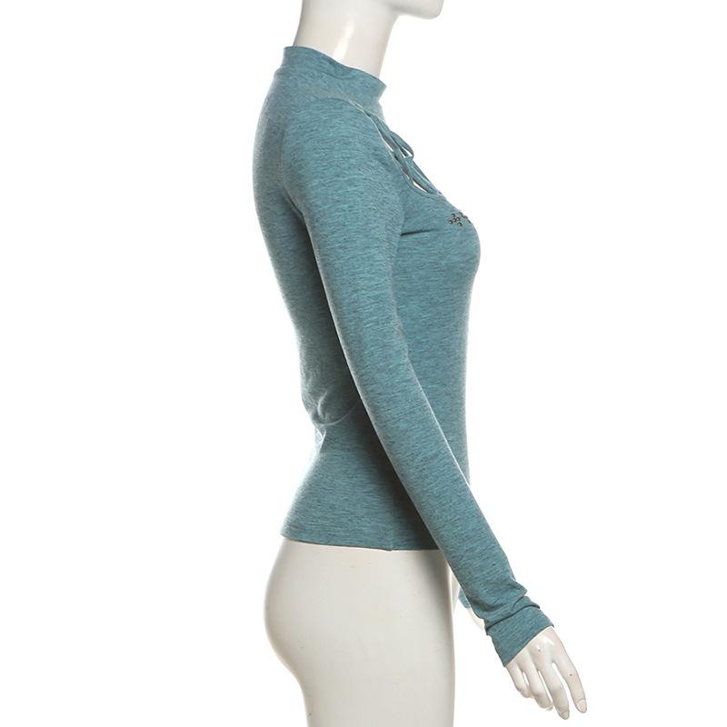 High neck long sleeve beaded cross pattern hollow out top