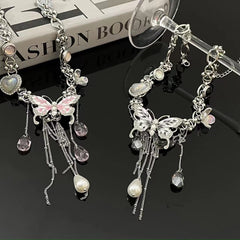 Butterfly flower pendant metal chain choker necklace