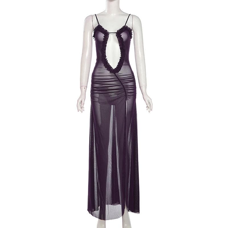 Sheer mesh hollow out ruched high slit cami cut out maxi dress  | samba dress