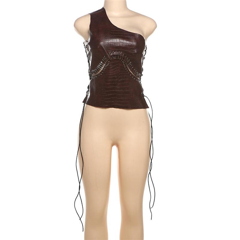 One shoulder PU leather lace up hollow out irregular top