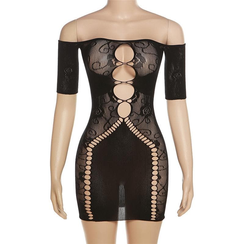 Short sleeve hollow out off shoulder fishnet cut out mini dress