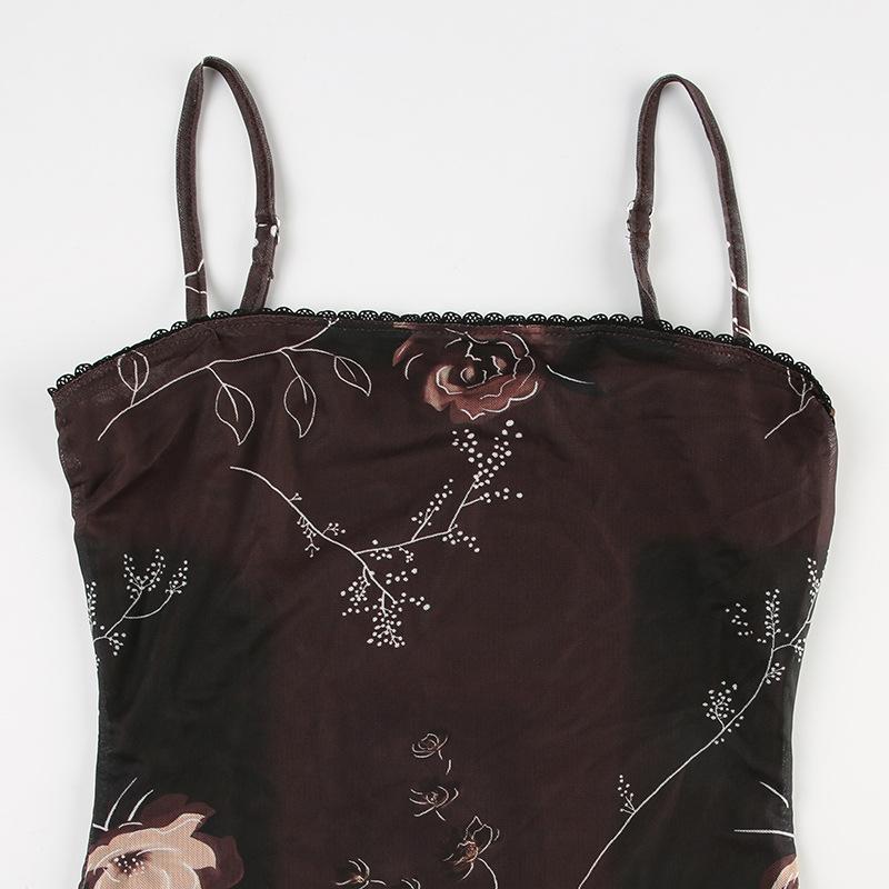 Flower print lace hem mesh cami mini dress