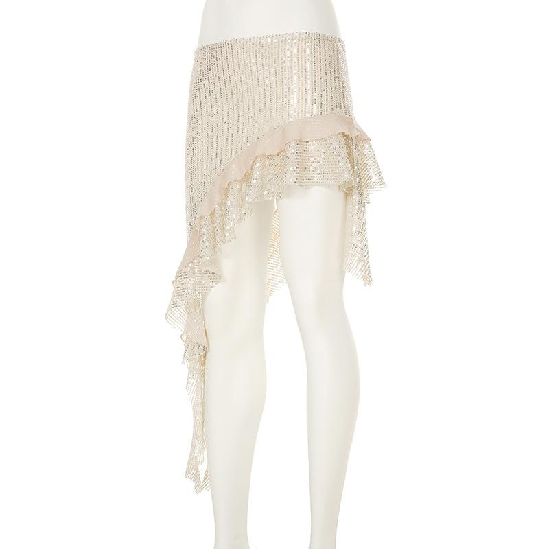 Glitter irregular ruffle mesh midi skirt