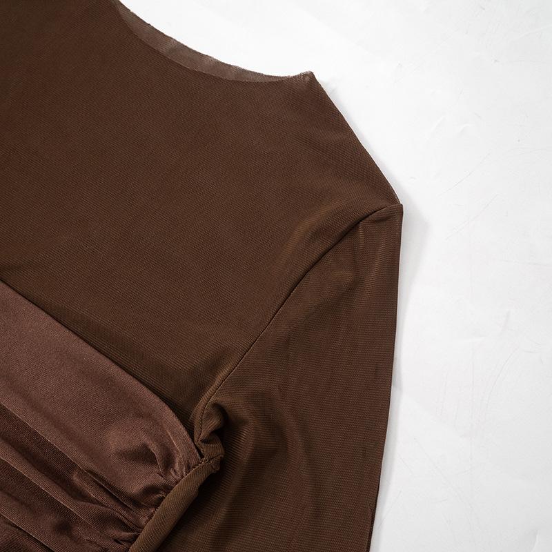 Long sleeve mesh patchwork ruched mini dress