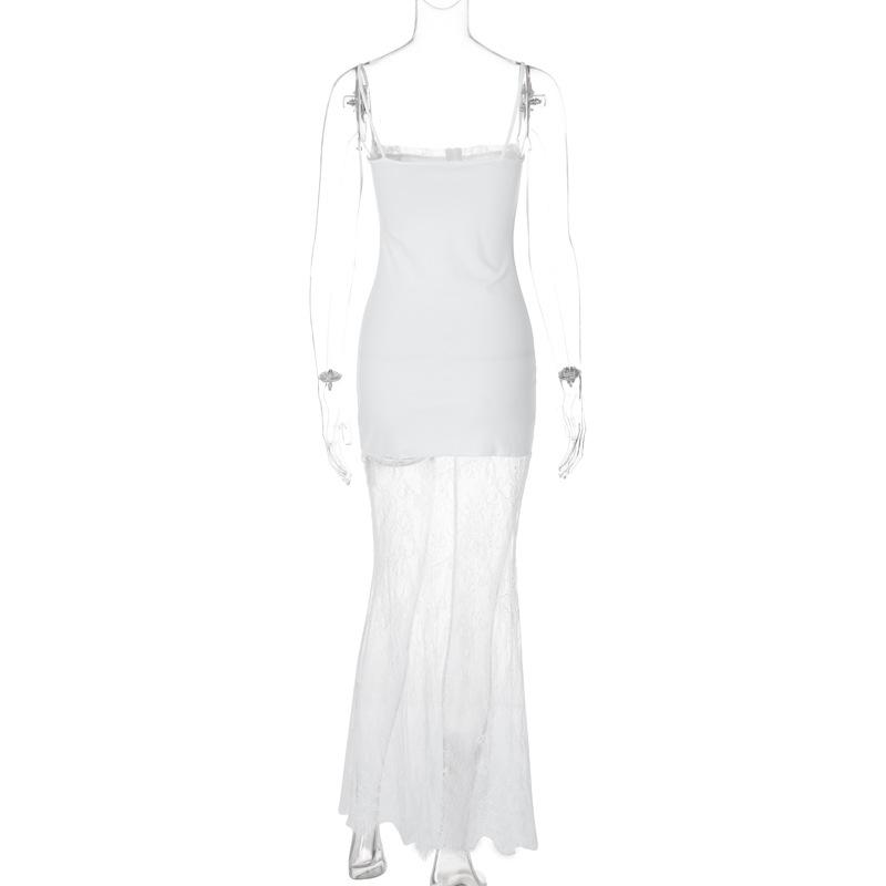 Lace patchwork stitch solid cami maxi dress