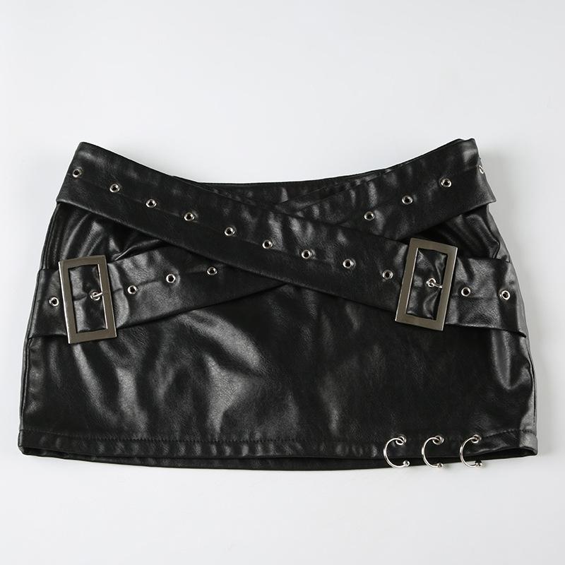 PU leather cross front buckle mini skirt