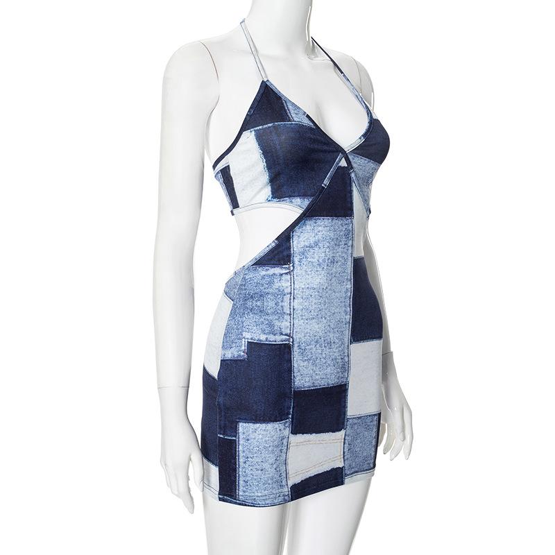 Halter patchwork denim hollow out mini dress