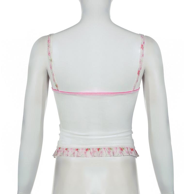 Ruffle stitch patchwork bowknot print cami top