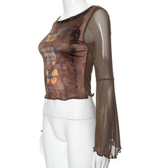 Long flared sleeve mesh patchwork butterfly pattern top