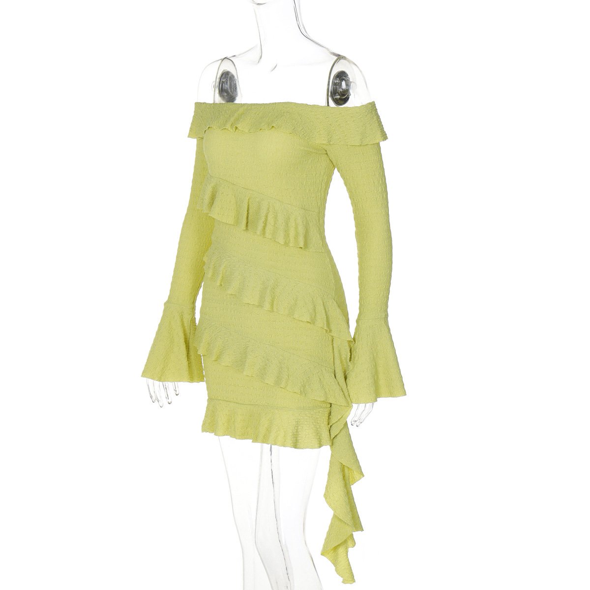 Off shoulder long flared sleeve ruffle mini dress