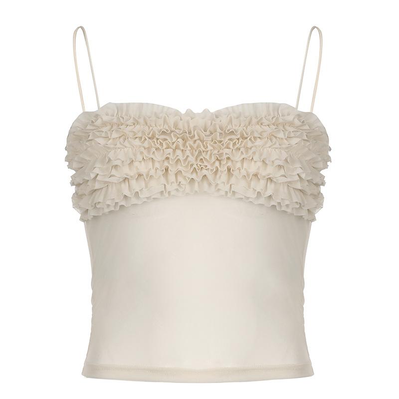 Ruched ruffle sheer mesh cami top