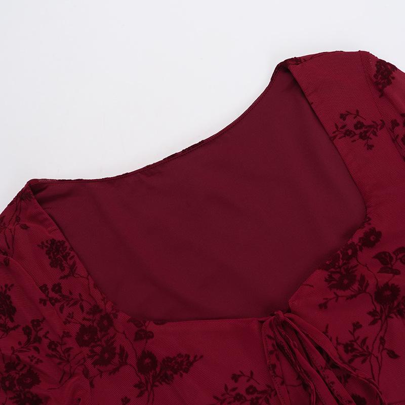 Long sleeve flower pattern mesh self tie mini dress  | red tango dress