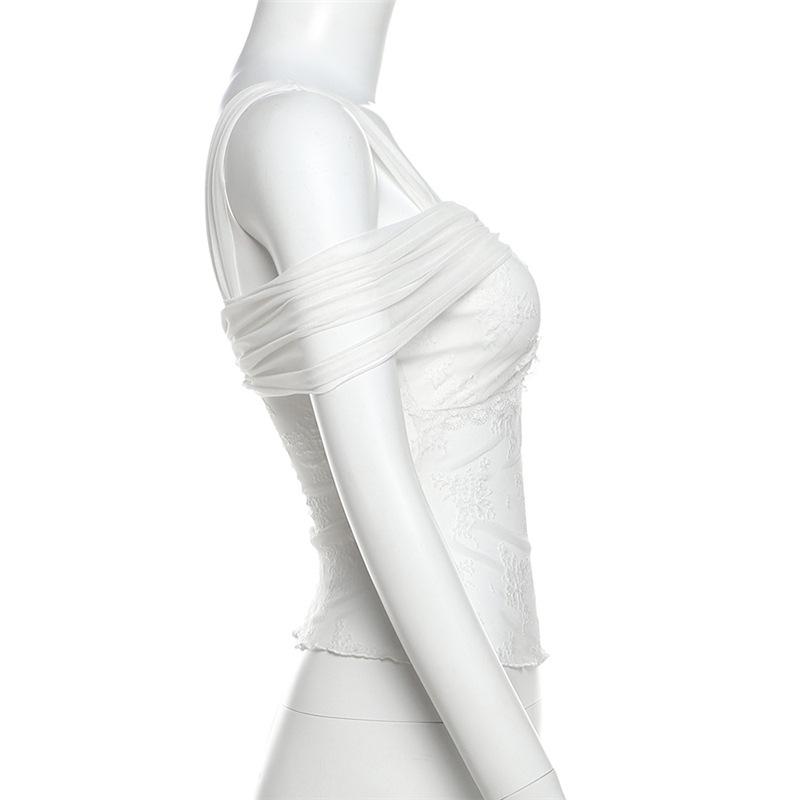 Short sleeve off shoulder lace mesh ruched 2-way top