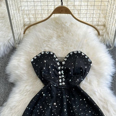Sweetheart neck beaded glitter mesh mini dress