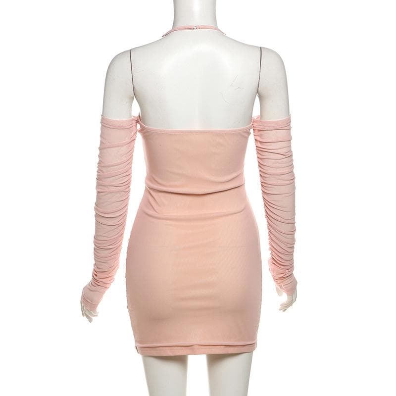Long sleeve halter off shoulder ruched mini dress
