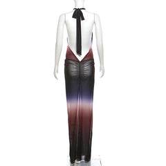 Ruched halter self tie cross front sheer mesh gradient maxi dress  | samba dress