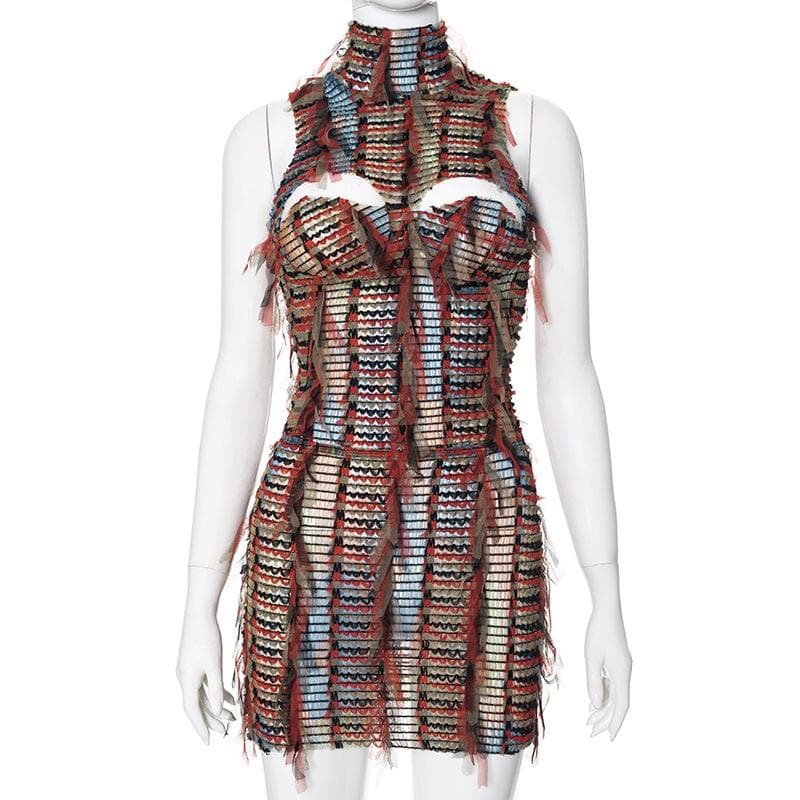High neck textured backless hollow out cut out mini dress  | red tango dress