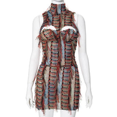 High neck textured backless hollow out cut out mini dress  | red tango dress