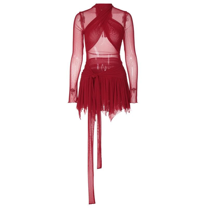 Long sleeve ruffle ruched cross front halter sheer mesh mini dress  | red tango dress  | samba dress  | black rave dress