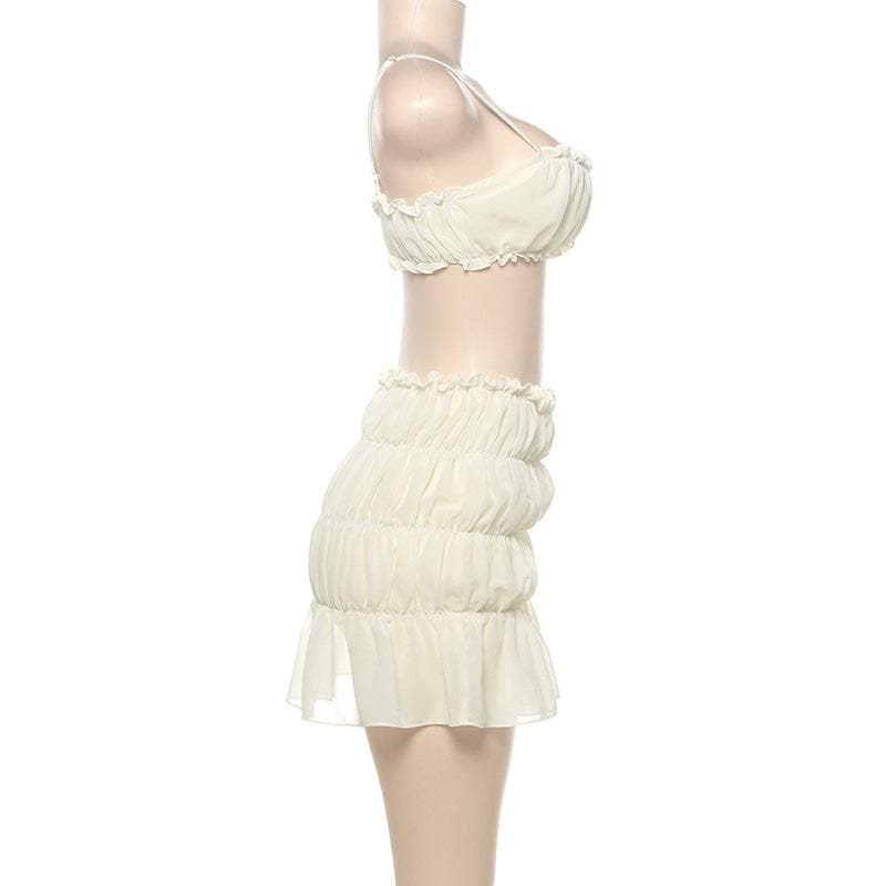 Ruffle ruched solid cami mini skirt set