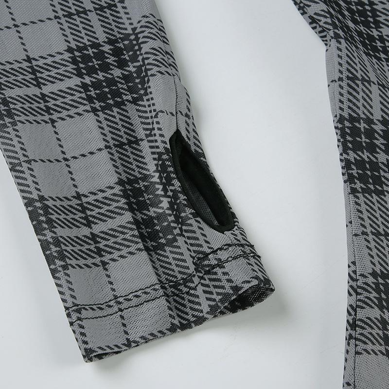 Long sleeve plaid crewneck mesh top