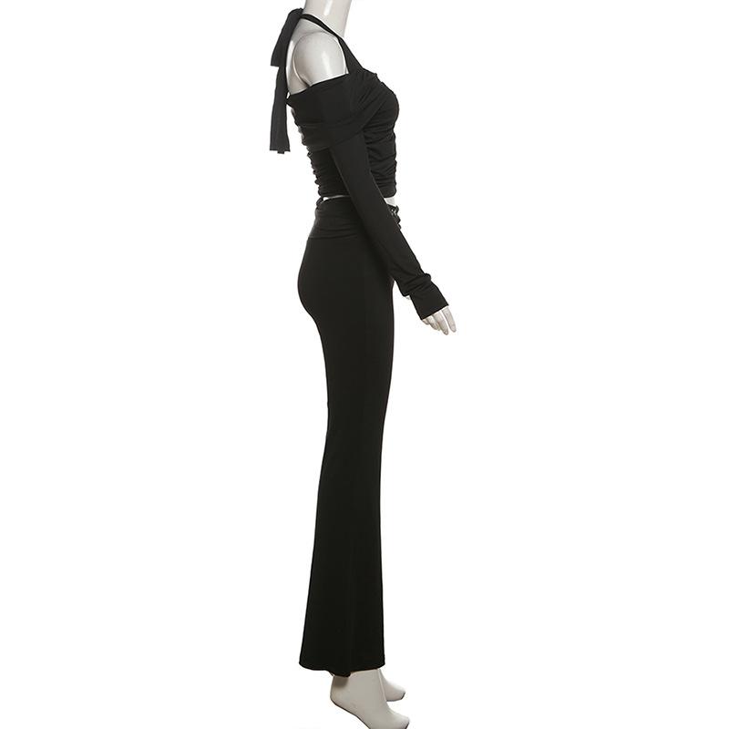 Halter long sleeve off shoulder button ruched pant set